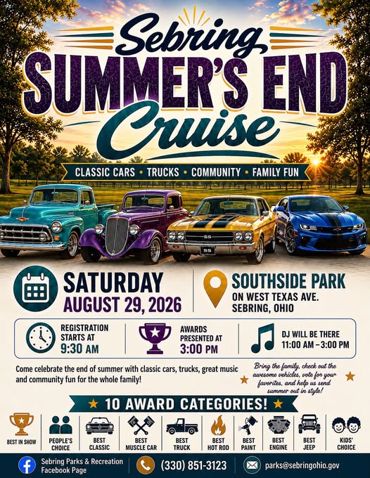 Sebring Summer's End Cruise event at Southside Park in Sebring, OH on August 29, 2026