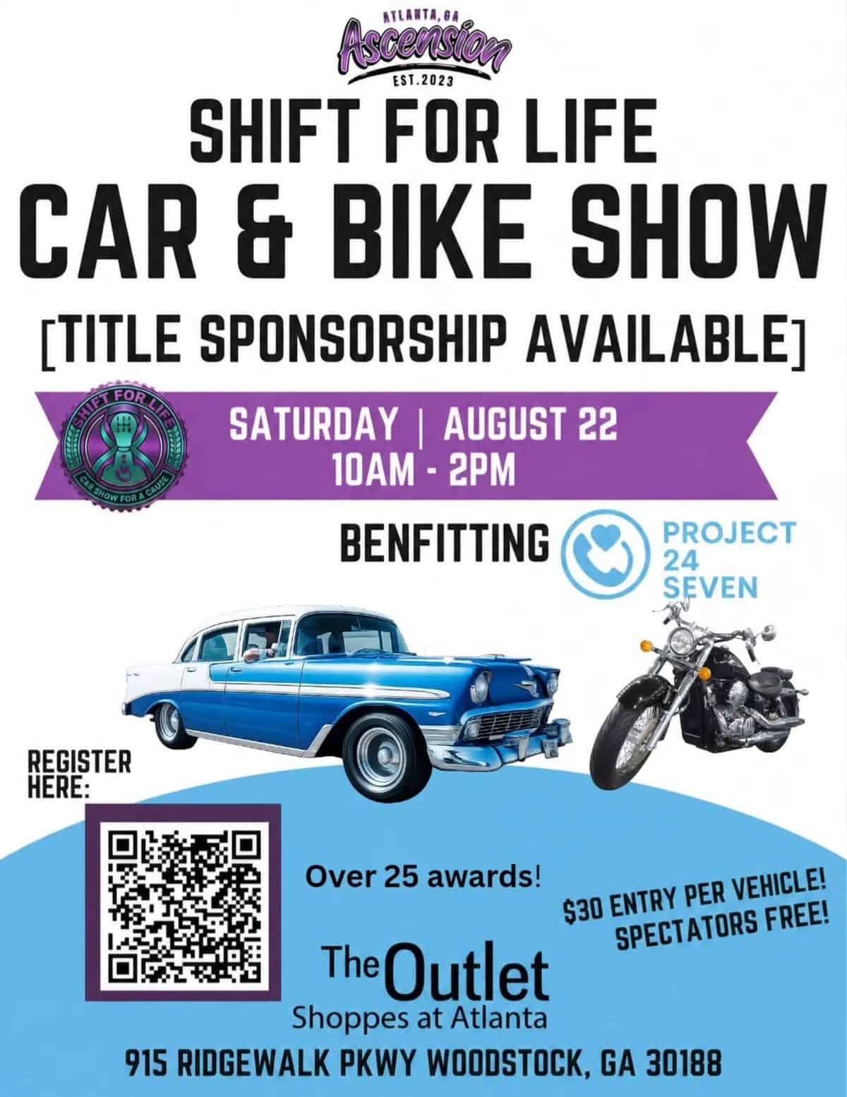 Shift for Life Car & Bike Show event at The Outlet Shoppes at Atlanta in Woodstock, GA on August 22, 2026