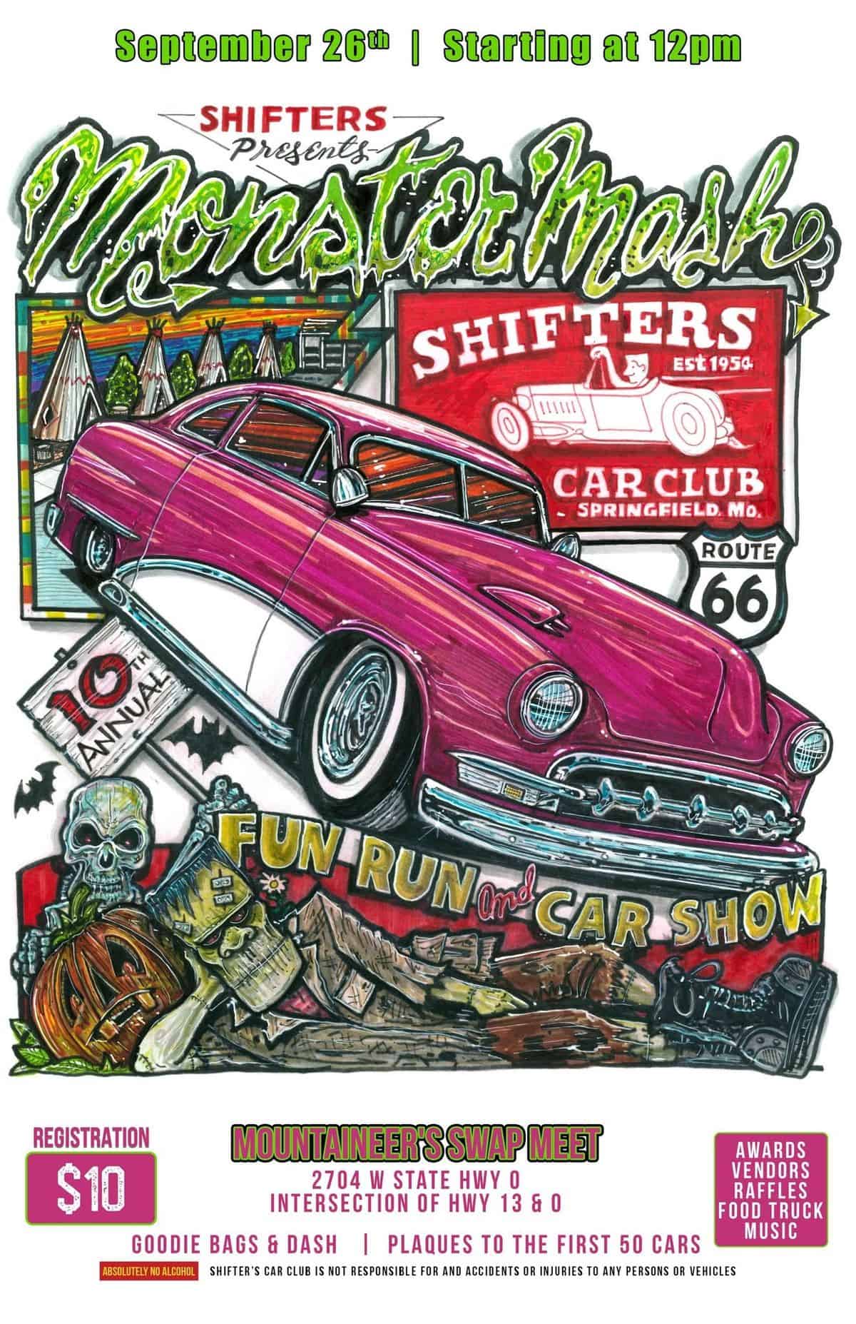 Shifters Car Club Moonstone Mash Fun Run and Car Show event at Mountaineer's Swap Meet in Willard, MO on September 26, 2026