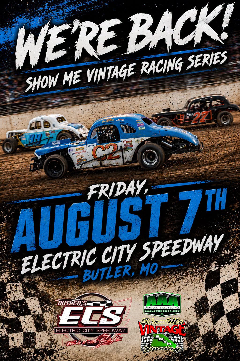 Show Me Vintage Racing Series event at Electric City Speedway in Butler, MO on August 7, 2026