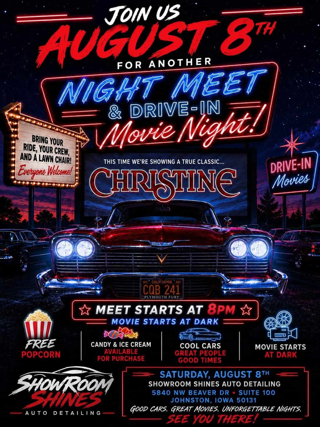 ShowRoom Shines Night Meet & Drive-In Movie Night: Christine event at ShowRoom Shines Auto Detailing in Johnston, IA on August 8, 2026