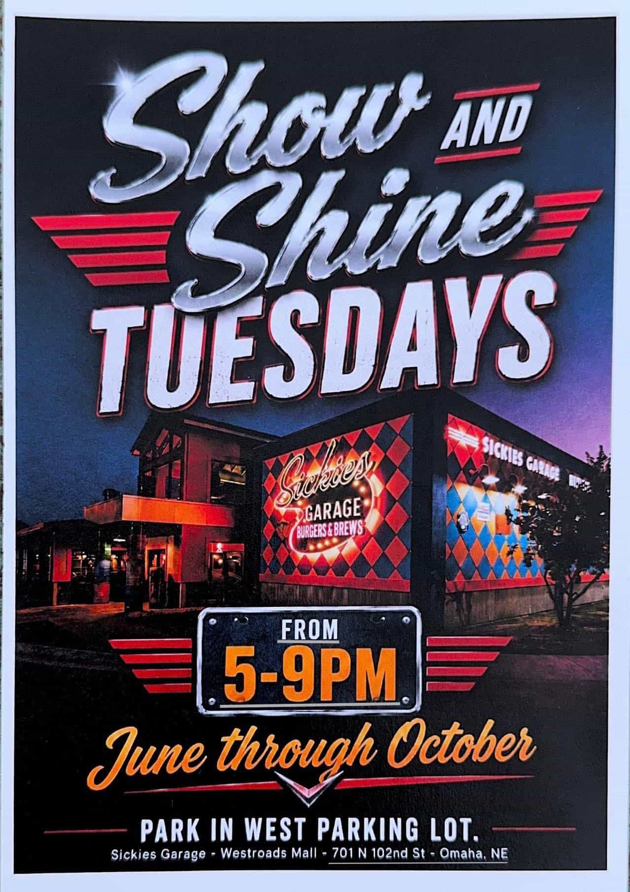 Sickies Garage Show and Shine Tuesdays event at Sickies Garage in Omaha, NE on August 5, 2026