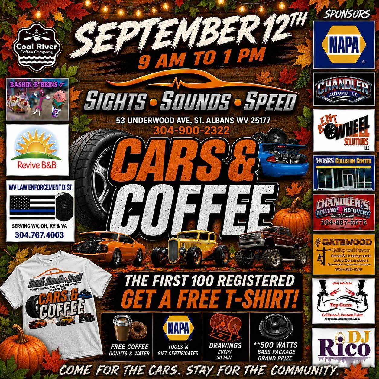 Sights Sounds Speed Cars & Coffee event at 53 Underwood Ave in St. Albans, WV on September 12, 2026
