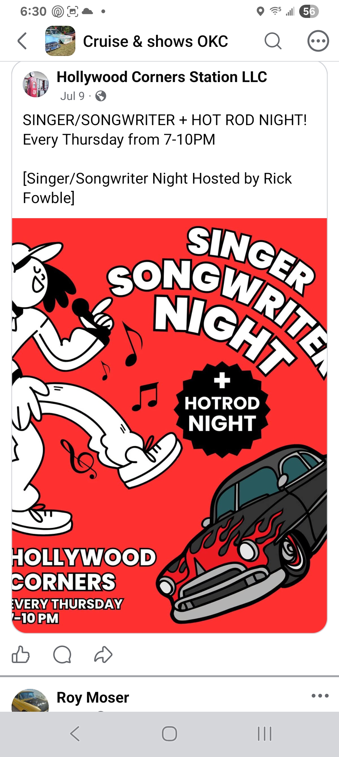 Singer/Songwriter + Hot Rod Night at Hollywood Corners event at Hollywood Corners in Norman, OK on August 27, 2026
