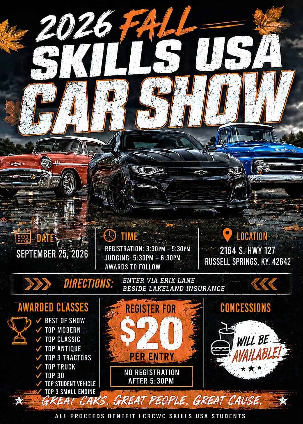 Skills USA Car Show event at 2164 S. Hwy 127 in Russell Springs, KY on September 25, 2026
