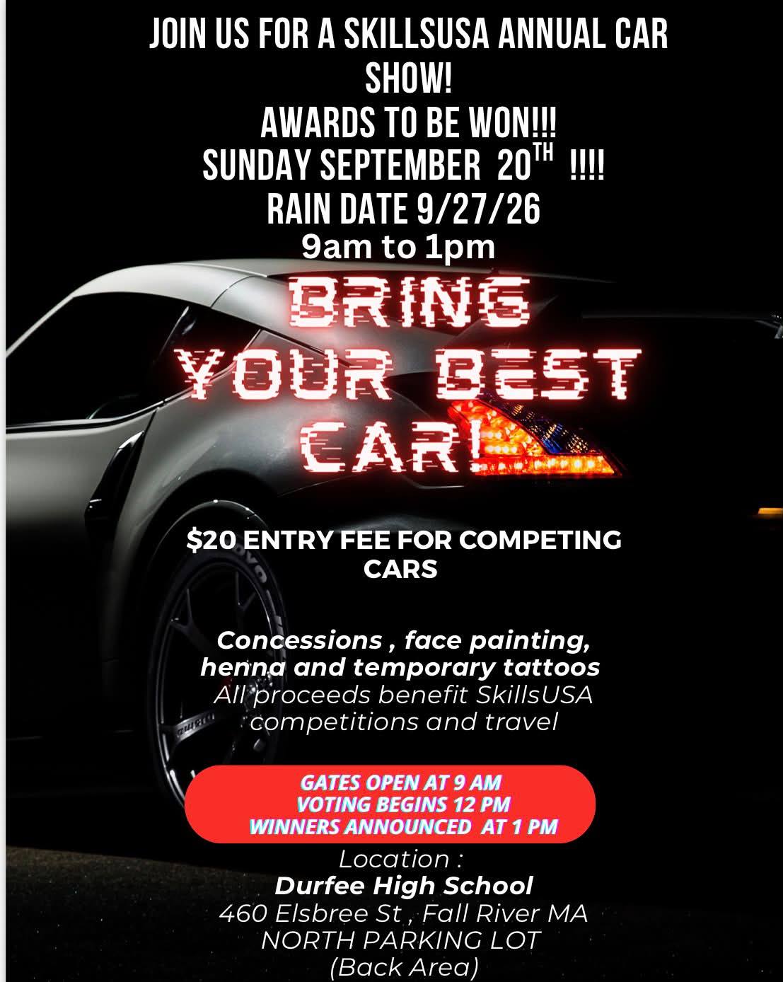 SkillsUSA Annual Car Show event at Durfee High School in Fall River, MA on September 20, 2026