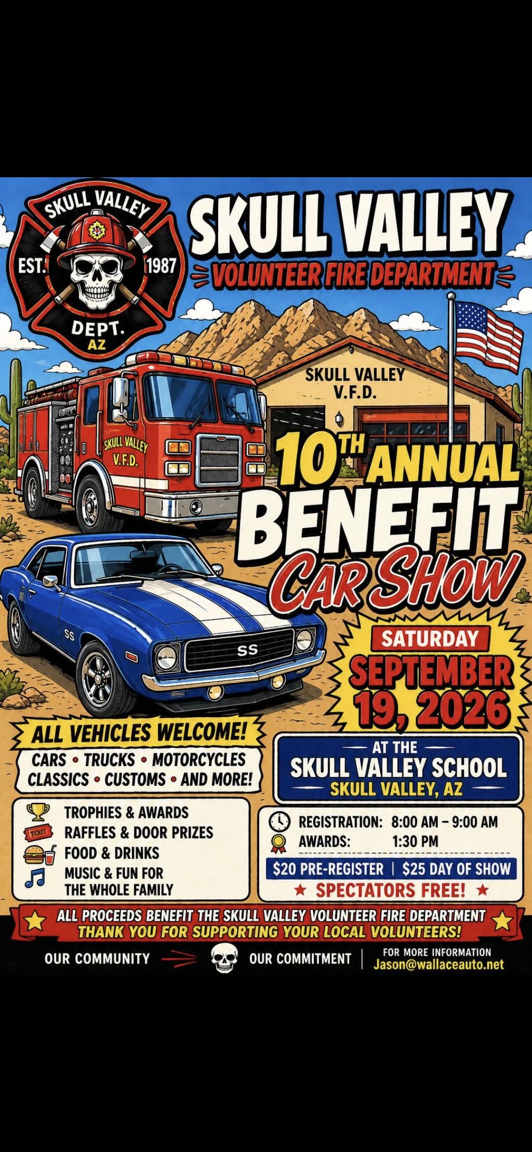 Skull Valley Volunteer Fire Department Annual Benefit Car Show event at Skull Valley School in Skull Valley, AZ on September 19, 2026