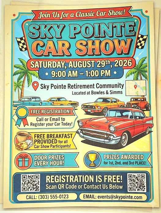 Sky Pointe Car Show event at Sky Pointe Retirement Community in Littleton, CO on August 29, 2026