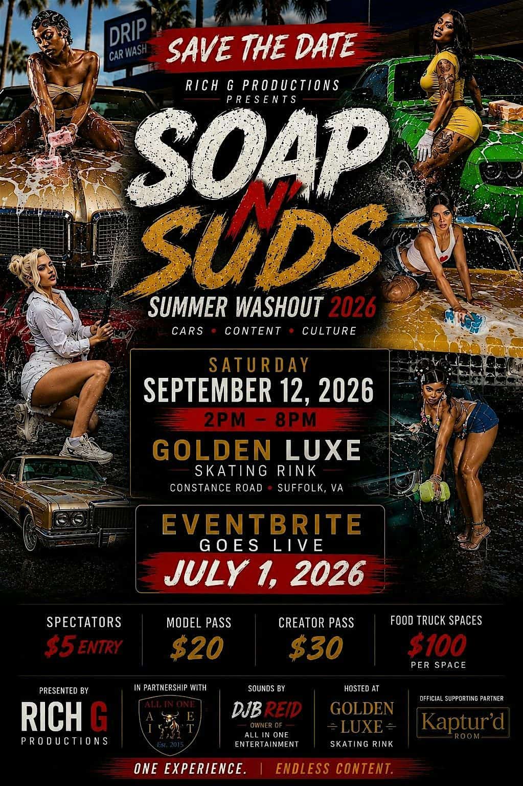 Soap N Suds Summer Washout 2026 event at Golden Luxe Skating Rink in Suffolk, VA on September 12, 2026