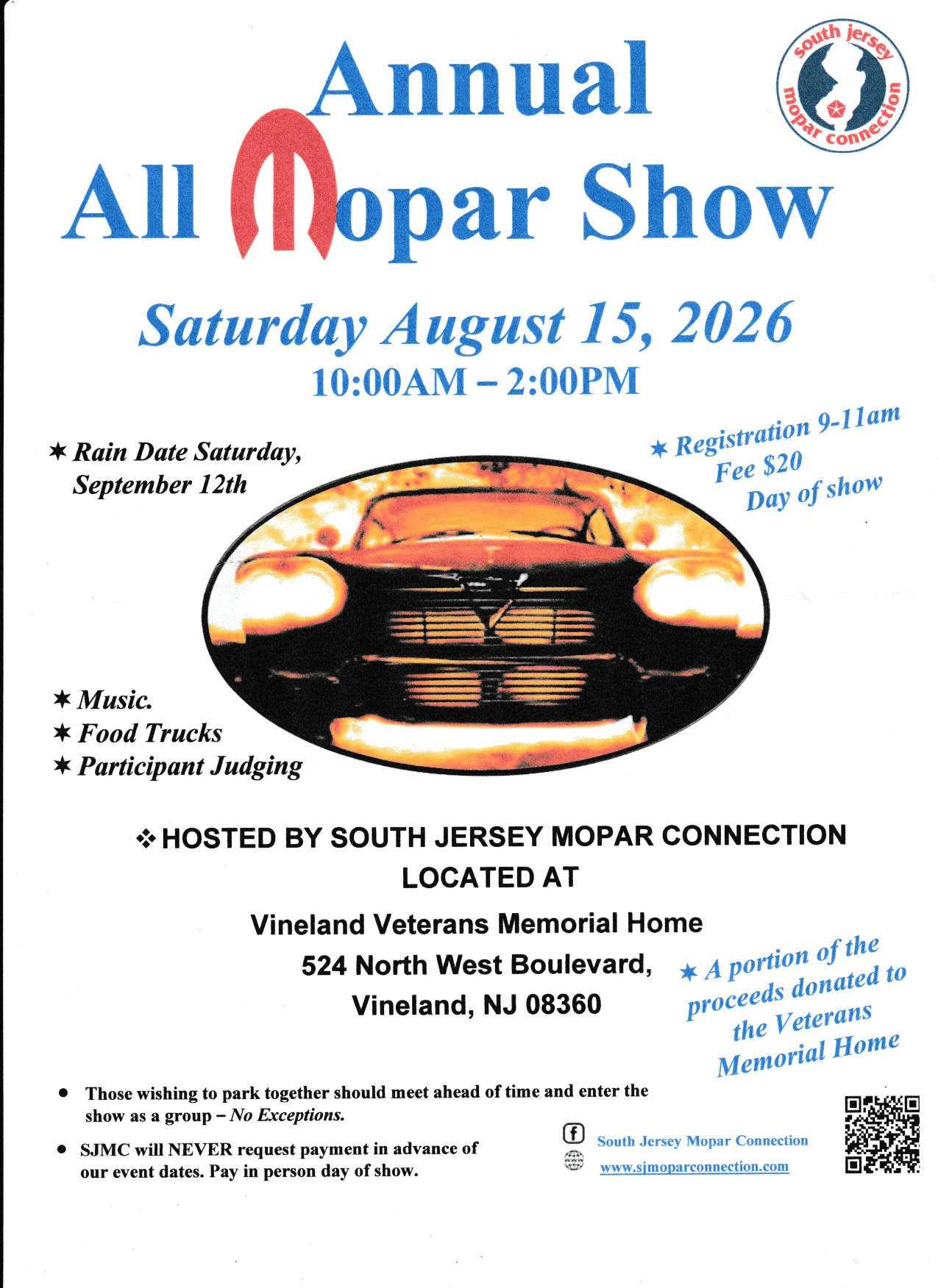 South Jersey Mopar Connection Annual All Mopar Show event at Vineland Veterans Memorial Home in Vineland, NJ on August 15, 2026