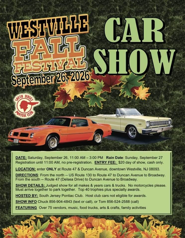 South Jersey Pontiac Club Westville Fall Festival Car Show event at Downtown Westville in Westville, NJ on September 26, 2026