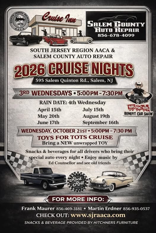 South Jersey Region AACA 2026 Cruise Nights event at Salem County Auto Repair in Salem, NJ on September 16, 2026