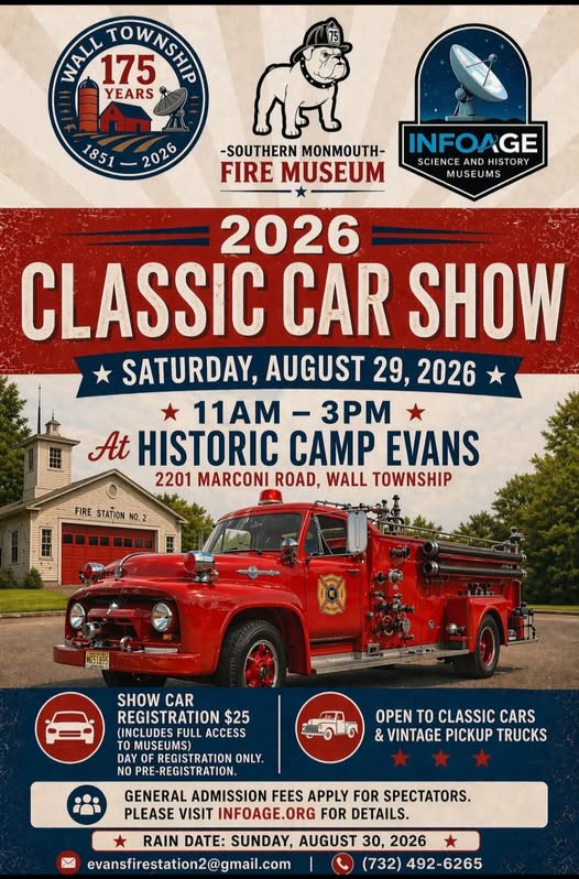 Southern monmouth Fire Museum Classic Car Show event at Historic Camp Evans in Wall Township, NJ on August 29, 2026