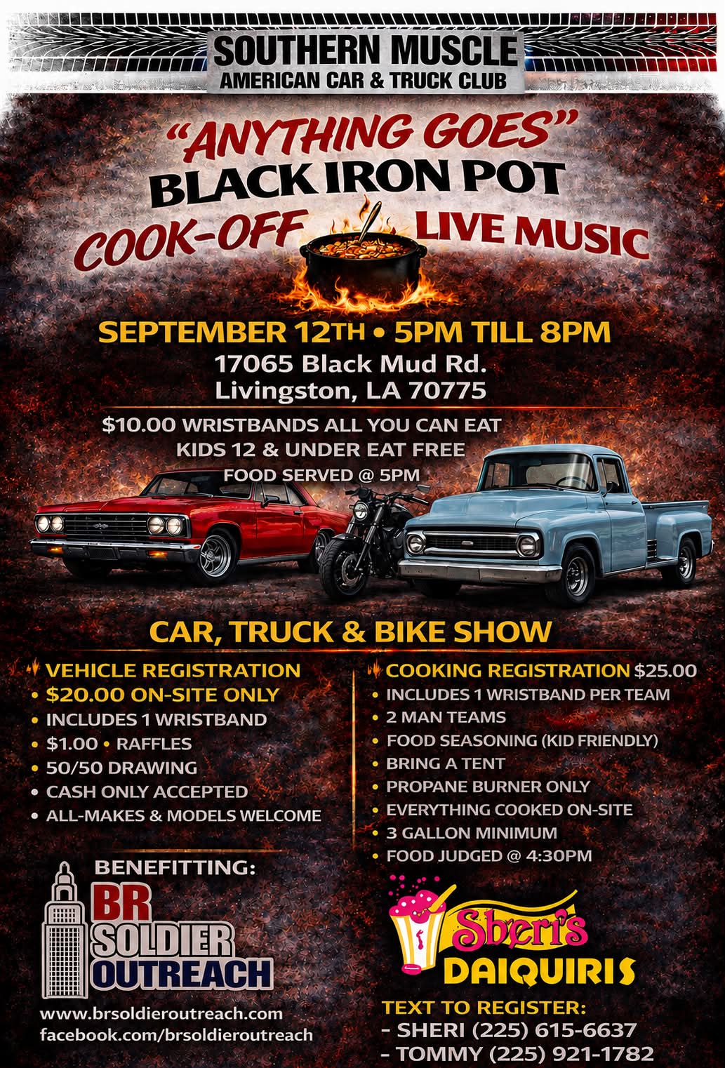 Southern Muscle American Car & Truck Club Black Iron Pot Cook-Off event at 17065 Black Mud Rd. in Livingston, LA on September 12, 2026