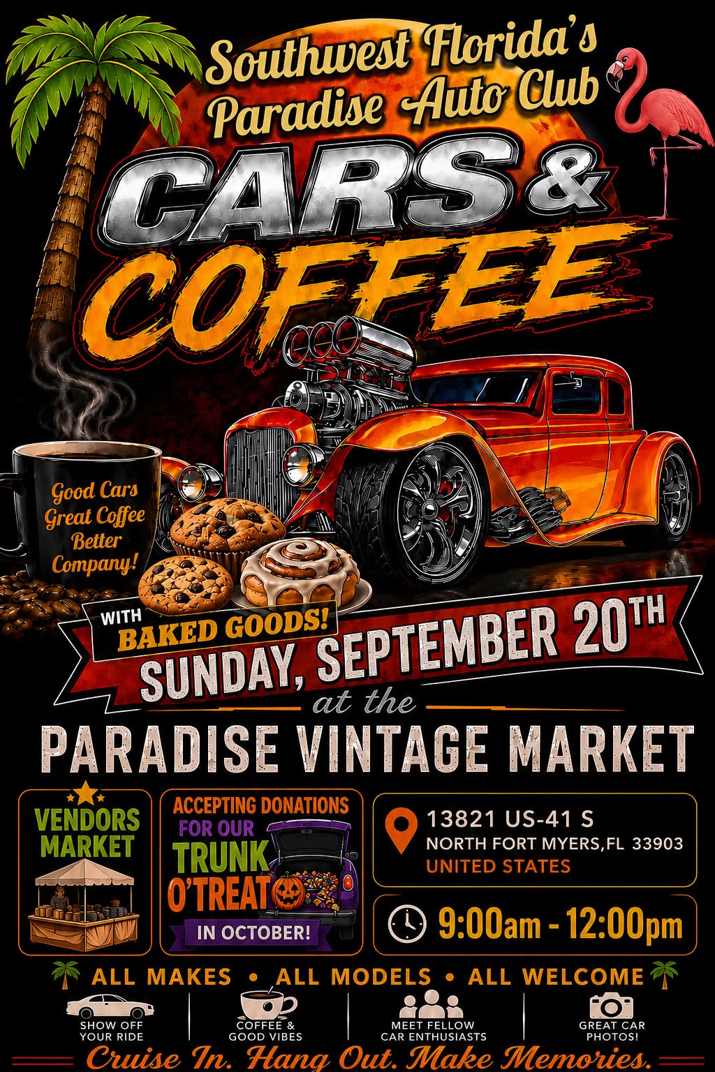 Southwest Florida's Paradise Auto Club Cars & Coffee event at Paradise Vintage Market in North Fort Myers, FL on September 20, 2026