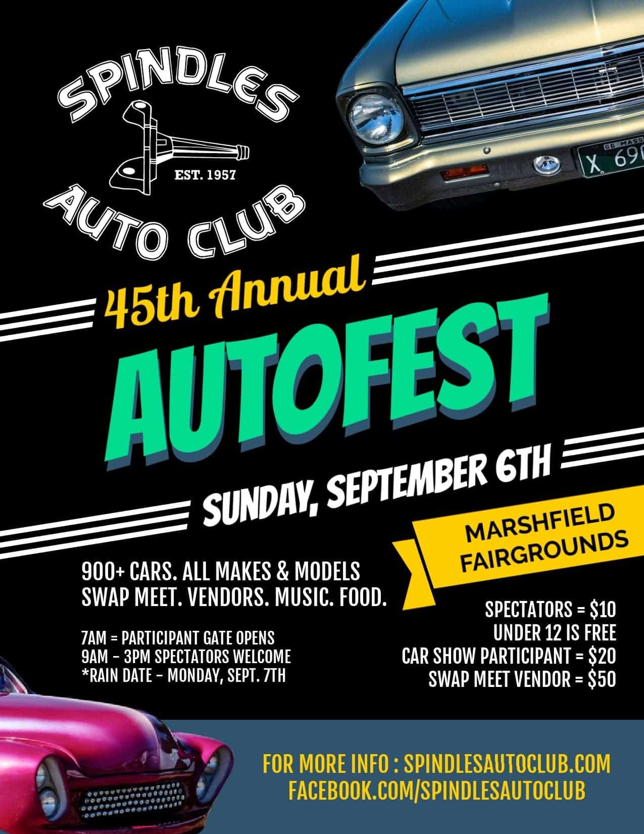 Spindles Auto Club 45th Annual Autofest event at Marshfield Fairgrounds in Marshfield, MA on September 6, 2026