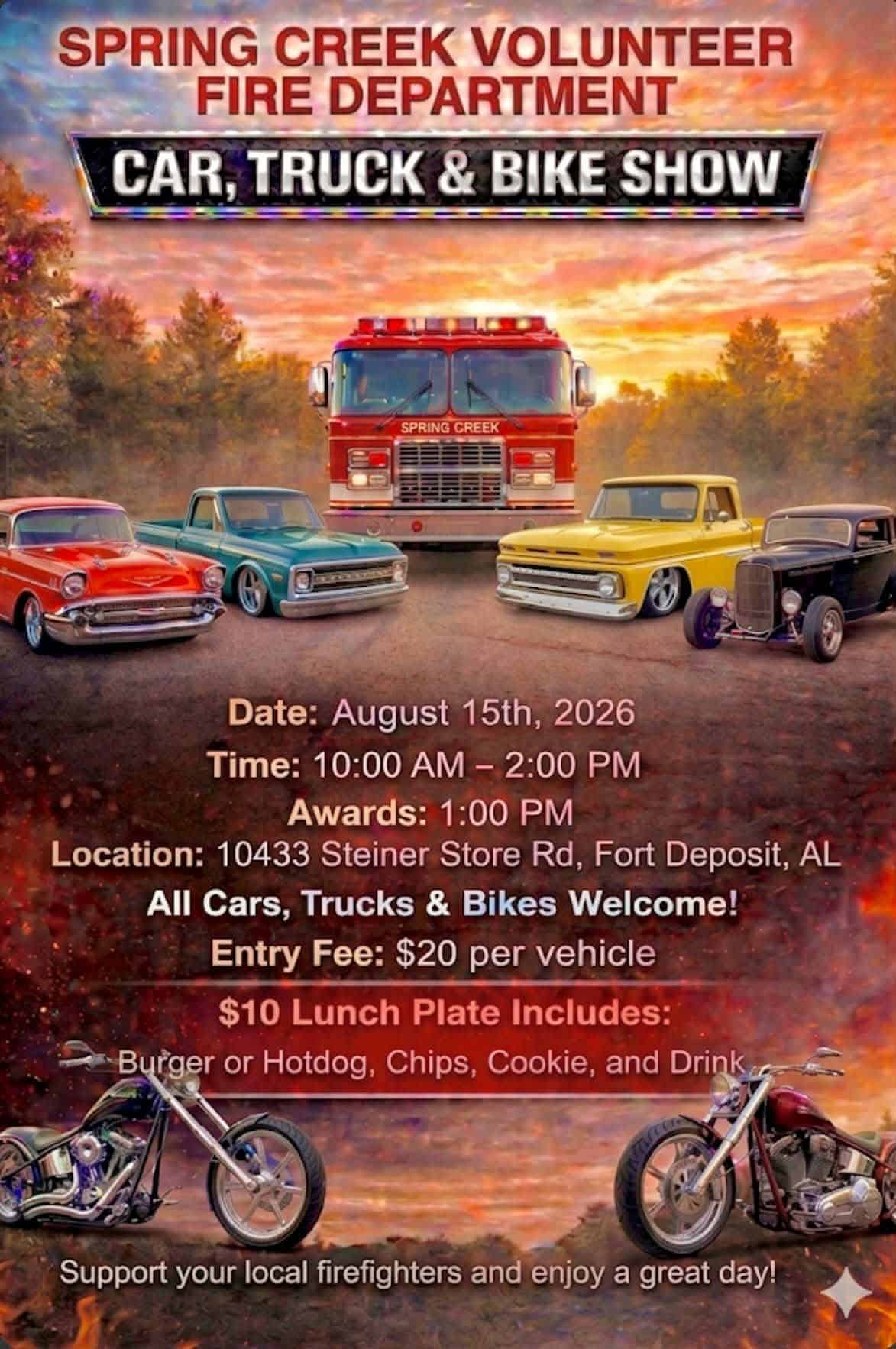 Spring Creek Volunteer Fire Department Car, Truck & Bike Show event at 10433 Steiner Store Rd in Fort Deposit, AL on August 15, 2026