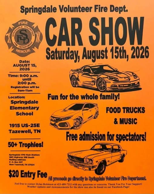 Springdale Volunteer Fire Dept. Car Show event at Springdale Elementary School in Tazewell, TN on August 15, 2026