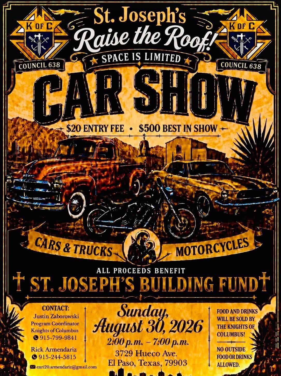 St. Joseph's Raise the Roof! Car Show event at St. Joseph Catholic Church in El Paso, TX on August 30, 2026