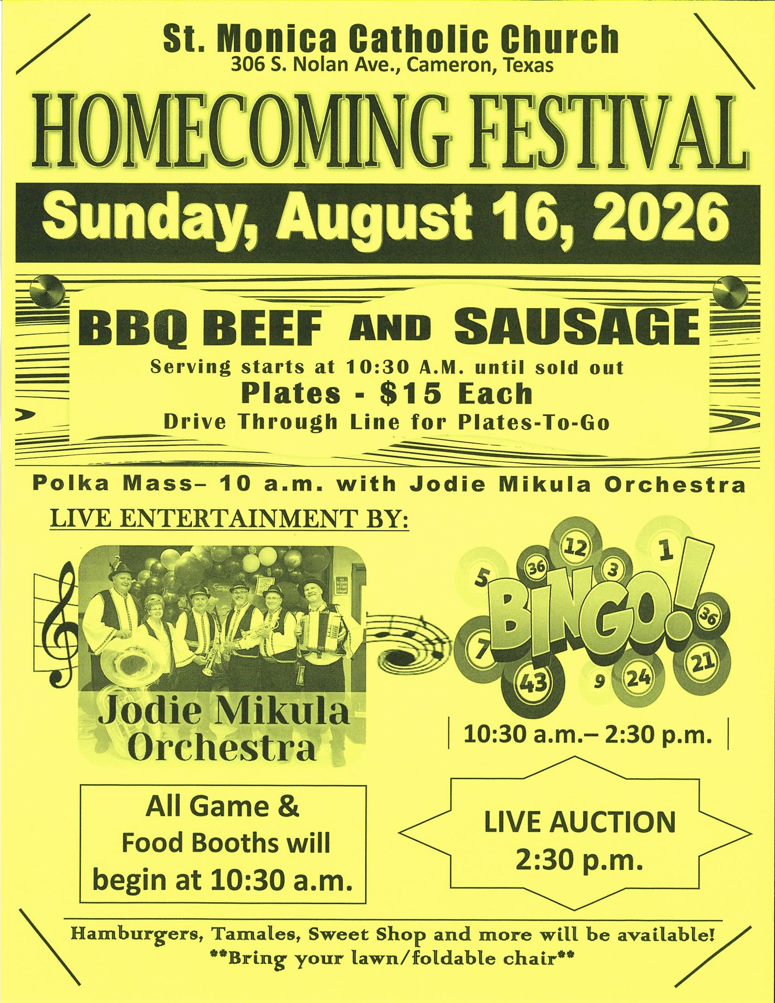 St. Monica Catholic Church Homecoming Festival event at St. Monica Catholic Church in Cameron, TX on August 16, 2026