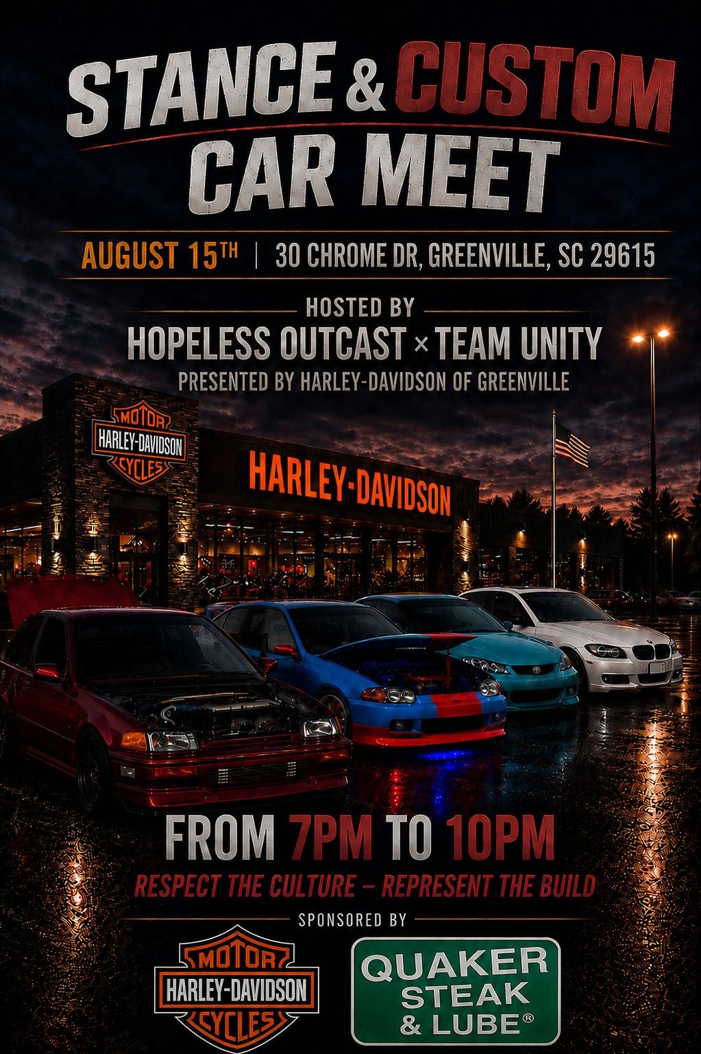 Stance & Custom Car Meet event at 30 Chrome Dr in Greenville, SC on August 15, 2026