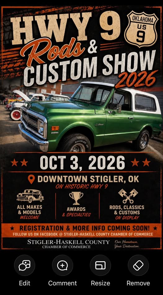 Stigler-Haskell County Chamber of Commerce HWY 9 Rods & Custom Show event at Downtown Stigler in Stigler, OK on October 3, 2026
