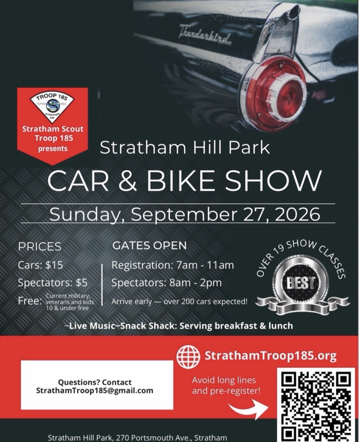 Stratham Scout Troop 185 Car & Bike Show event at Stratham Hill Park in Stratham, NH on September 27, 2026