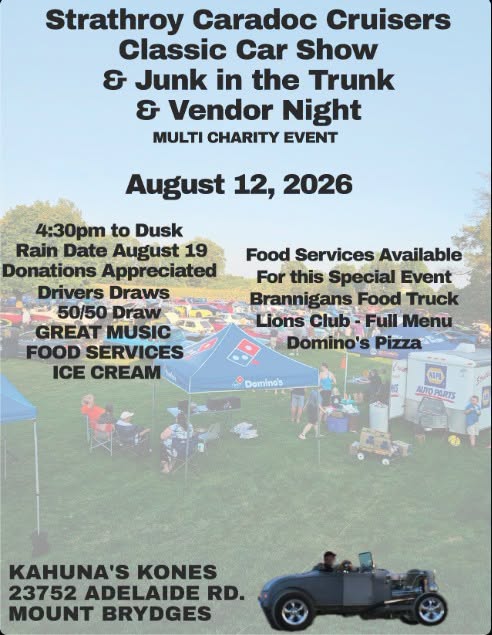 Strathroy Caradoc Cruisers Classic Car Show & Junk in the Trunk & Vendor Night event at 23752 Adelaide Rd. in Mount Brydges, ON on August 12, 2026