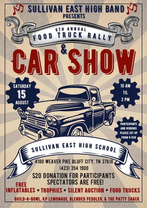 Sullivan East High Band 6th Annual Food Truck Rally & Car Show event at Sullivan East High School in Bluff City, TN on August 15, 2026
