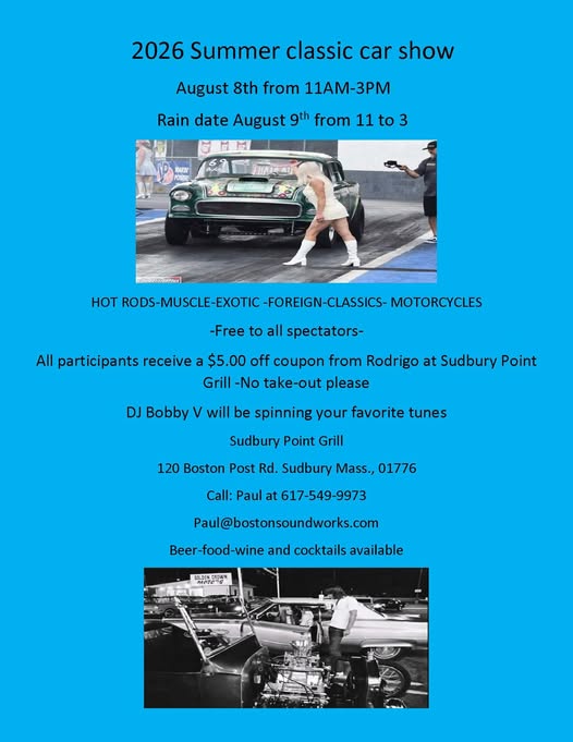 Summer Classic Car Show event at Sudbury Point Grill in Sudbury, MA on August 8, 2026