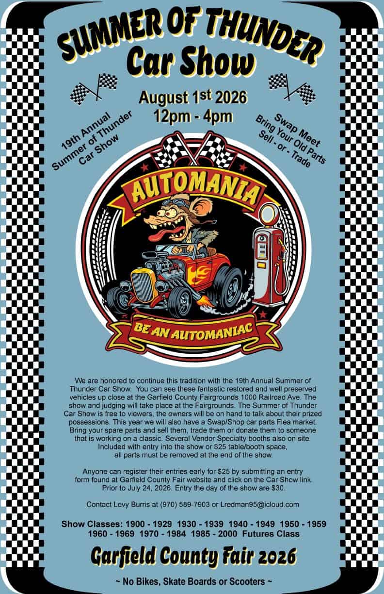 Summer of Thunder Car Show event at Garfield County Fairgrounds in Rifle, CO on August 1, 2026