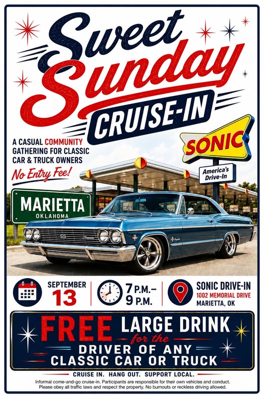 Sweet Sunday Cruise-In event at Sonic Drive-In in Marietta, OK on September 13, 2026