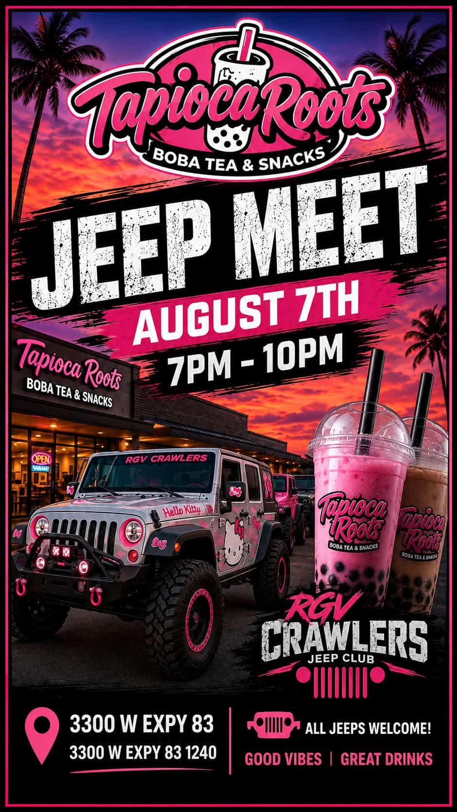 Tapioca Roots Boba Tea & Snacks Jeep Meet with RGV Crawlers Jeep Club event at Tapioca Roots Boba Tea & Snacks in McAllen, TX on August 7, 2026