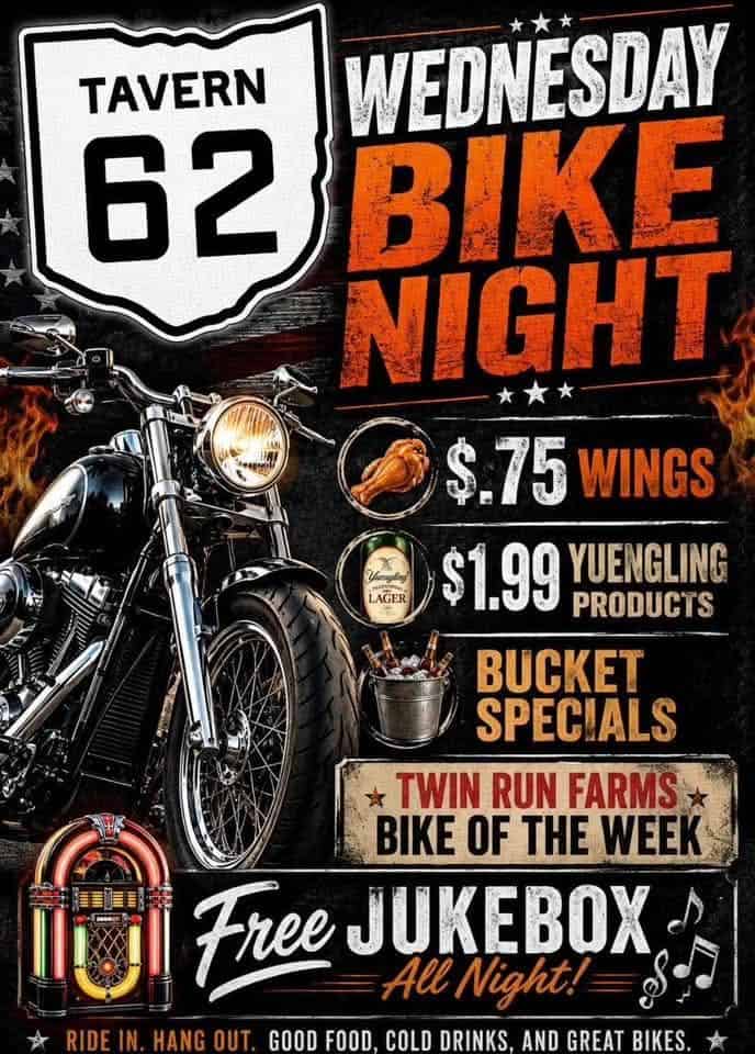 Tavern 62 Wednesday Bike Night event at Tavern 62 in Orient, OH on August 19, 2026