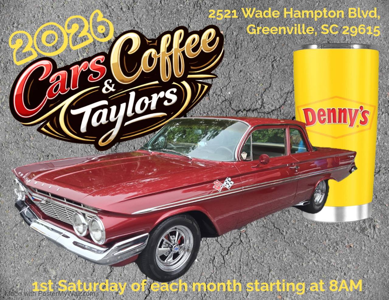 Taylors Cars & Coffee event at 2521 Wade Hampton Blvd in Greenville, SC on September 5, 2026