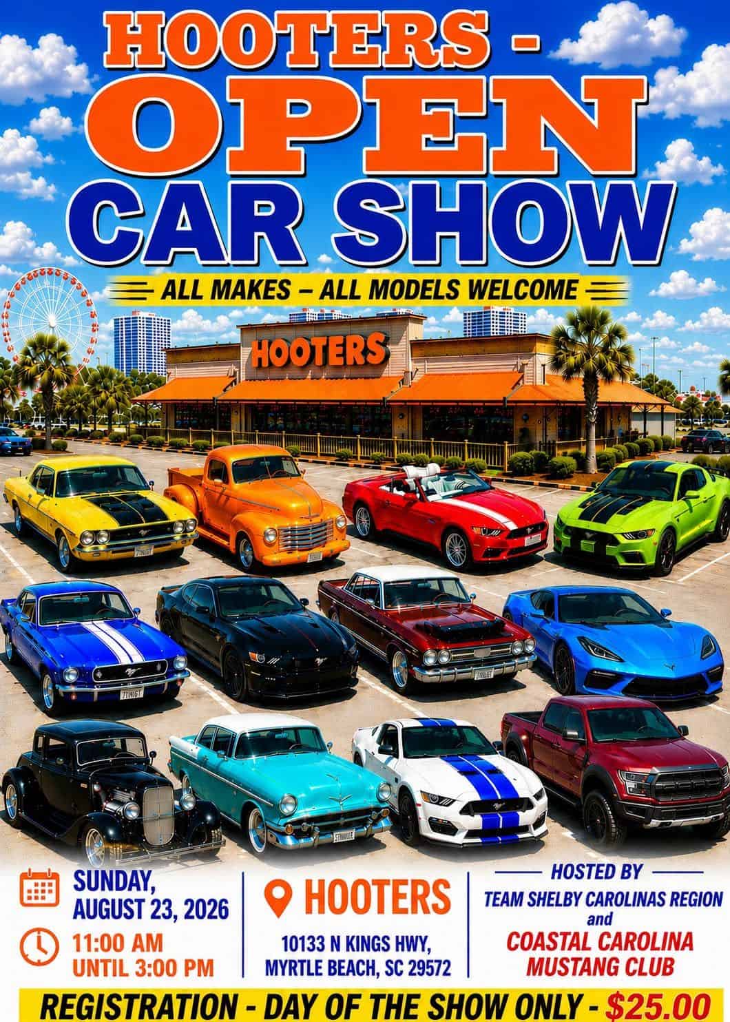 Team Shelby Carolinas Region Open Car Show event at Hooters in Myrtle Beach, SC on August 23, 2026