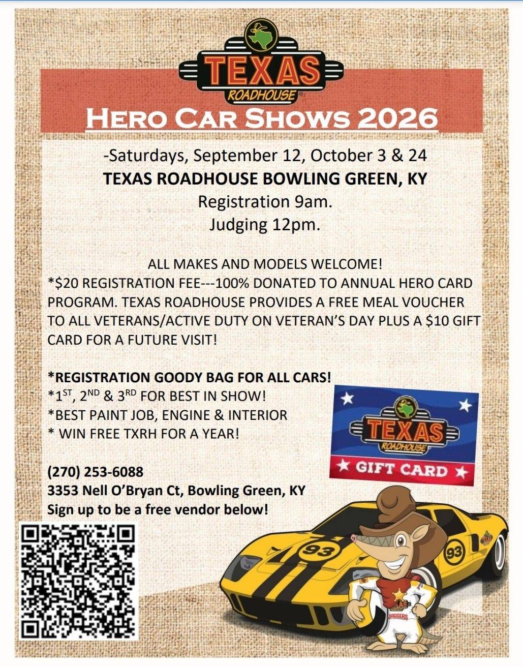 Texas Roadhouse Hero Car Shows 2026 event at Texas Roadhouse in Bowling Green, KY on September 12, 2026