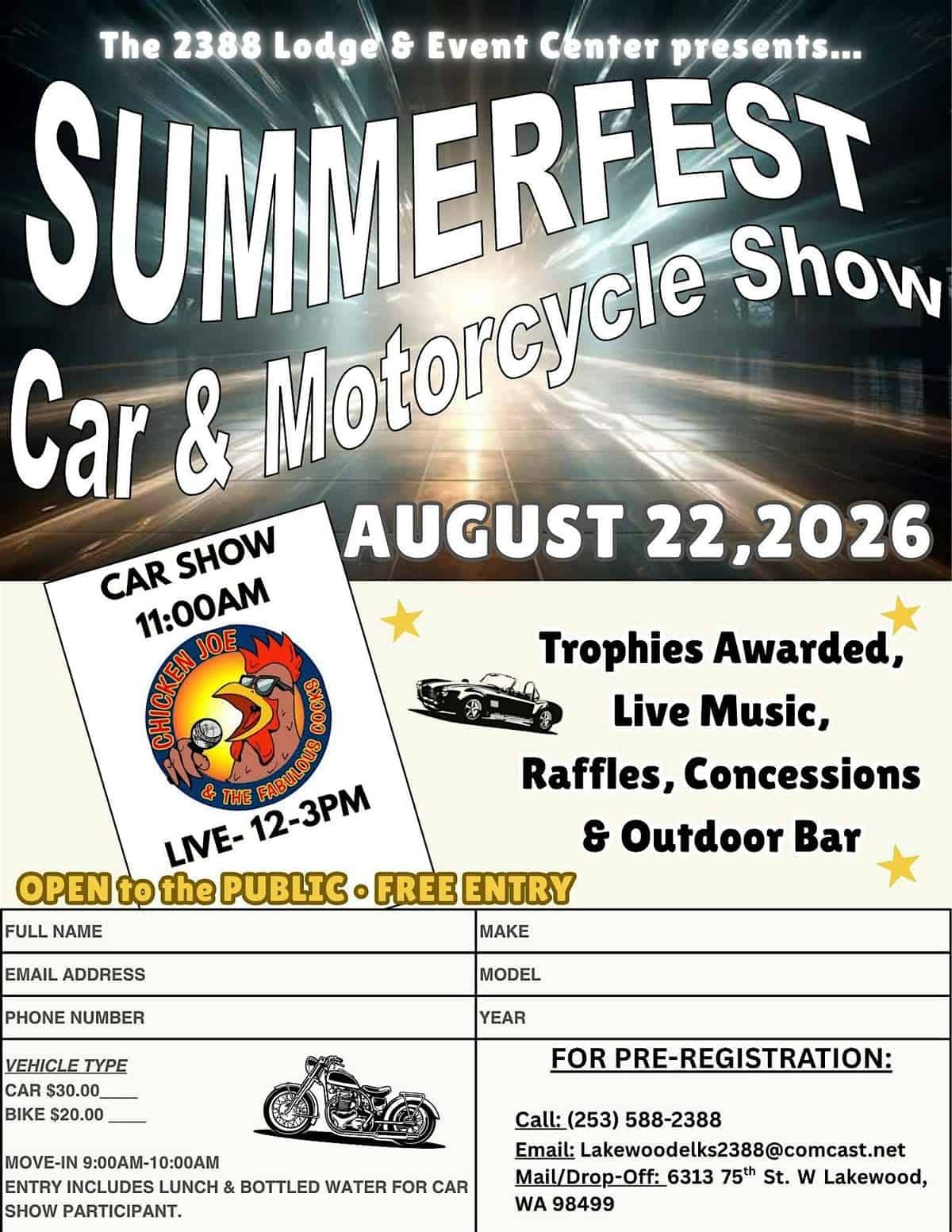 The 2388 Lodge & Event Center Summerfest Car & Motorcycle Show event at Lakewood Elks Lodge #2388 in Lakewood, WA on August 22, 2026