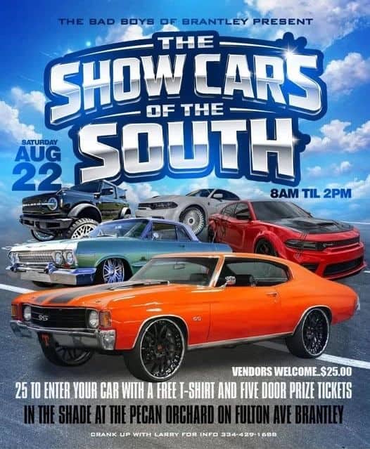 The Bad Boys of Brantley Show Cars of the South event at Pecan Orchard in Brantley, AL on August 22, 2026