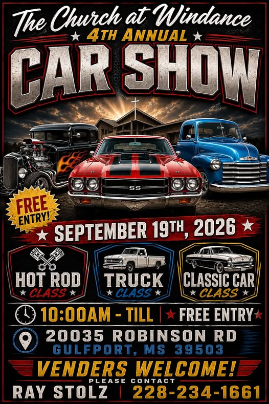 The Church at Windance 4th Annual Car Show event at The Church at Windance in Gulfport, MS on September 19, 2026