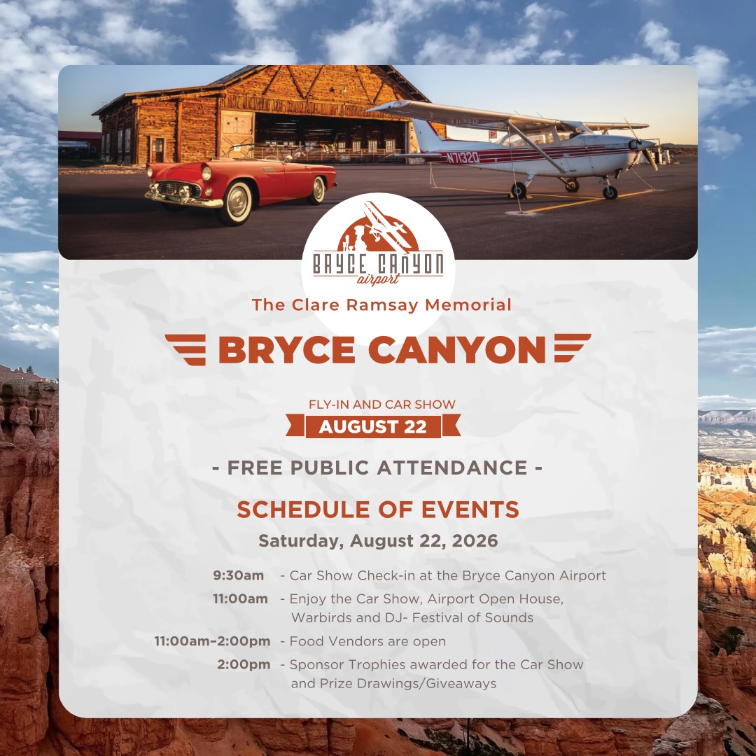 The Clare Ramsay Memorial Bryce Canyon Fly-In and Car Show event at Bryce Canyon Airport in Bryce Canyon City, UT on August 22, 2026