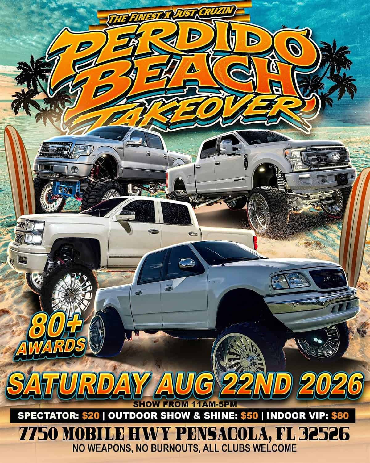 The Finest N Just Cruzin Perdido Beach Takeover event at 7750 Mobile Hwy in Pensacola, FL on August 22, 2026