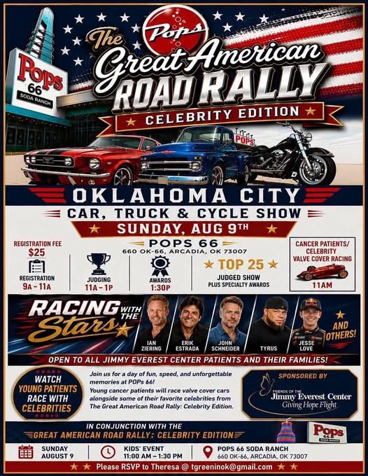 The Great American Road Rally Celebrity Edition Oklahoma City Car, Truck & Cycle Show event at Pops 66 in Arcadia, OK on August 9, 2026