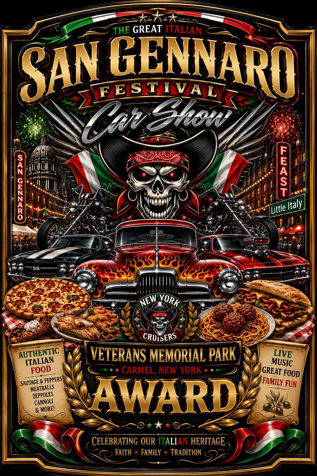 The Great Italian San Gennaro Festival Car Show event at Veterans Memorial Park in Carmel, NY on September 12, 2026
