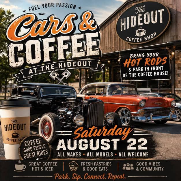 The Hideout Coffeehouse Cars & Coffee event at The Hideout Coffeehouse in Pomona, KS on August 22, 2026