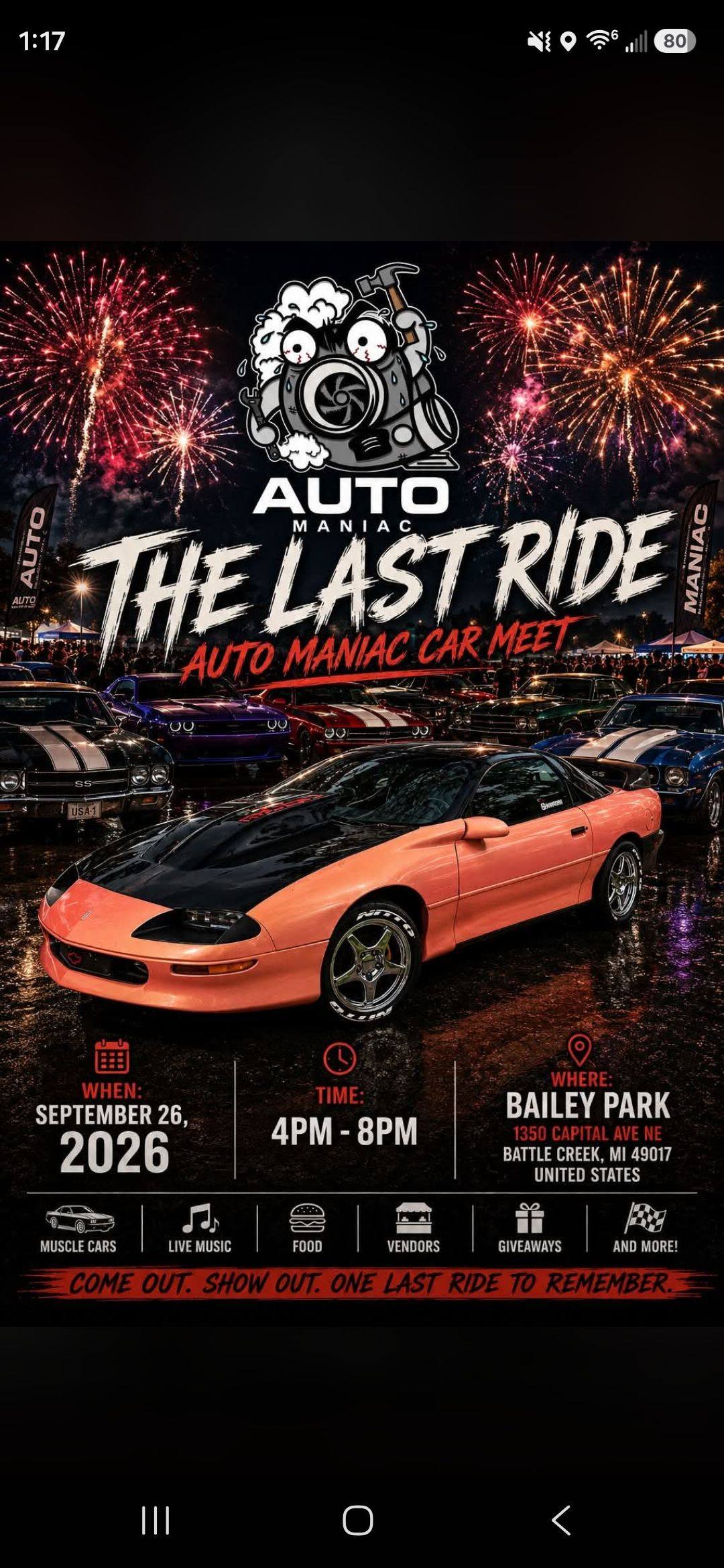 The Last Ride Auto Maniac Car Meet event at Bailey Park in Battle Creek, MI on September 26, 2026