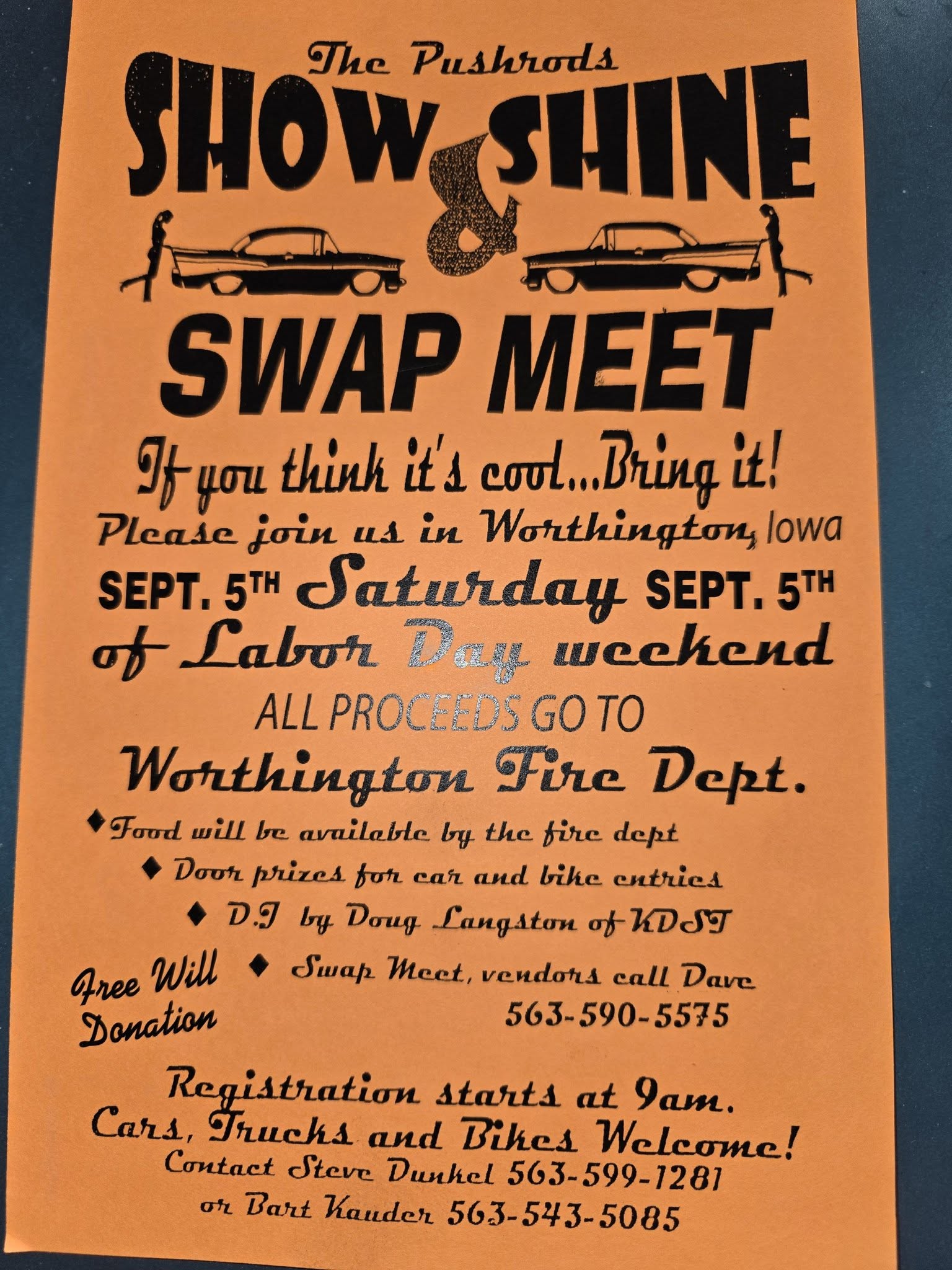 The Pushrods Show & Shine and Swap Meet event at Worthington Volunteer Fire Department in Worthington, IA on September 5, 2026