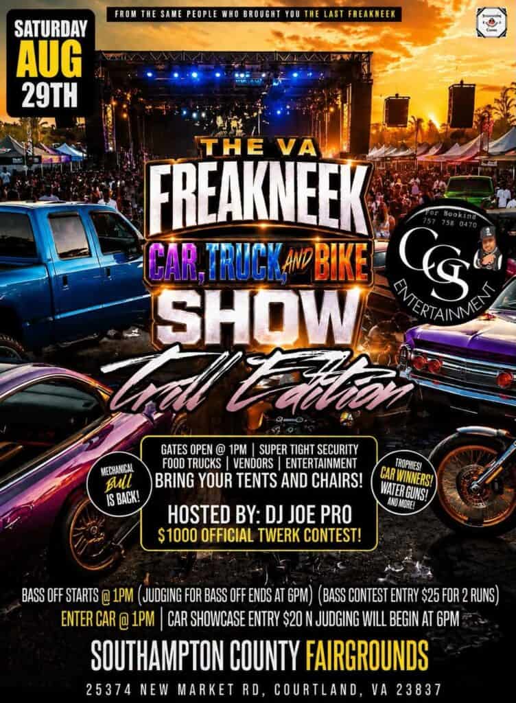 Freakneek Cold Edition Car, Truck, and Bike Show event at Southampton County Fairgrounds in Courtland, VA on August 29, 2026