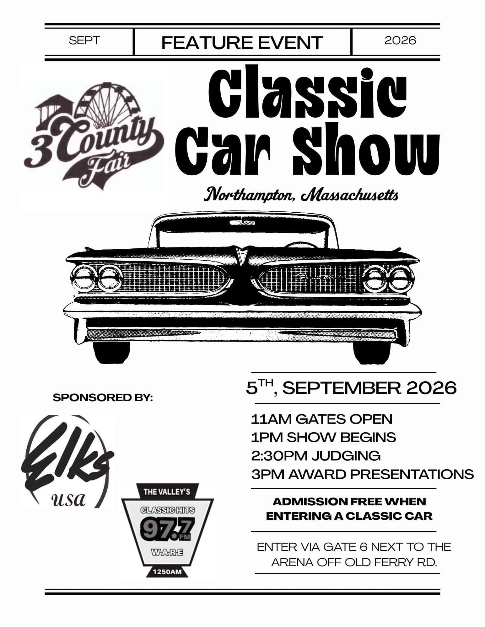 Three County Fair Classic Car Show event at Three County Fair in Florence, MA on September 5, 2026