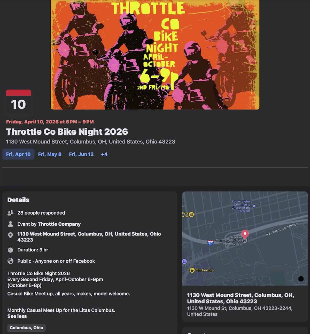 Throttle Company Bike Night event at 1130 West Mound Street in Columbus, OH on September 12, 2026